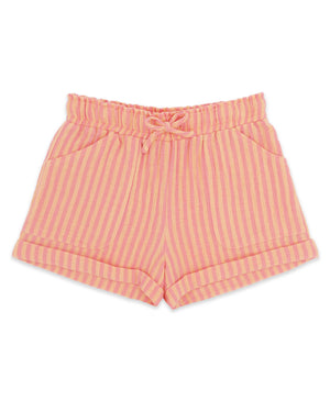 Feather 4 Arrow Girls’ Salty Short in pink and yellow stripes features an elastic waist with drawstring tie, side pockets, and rolled cuffs, shown laid flat on a white background for an effortlessly casual style.