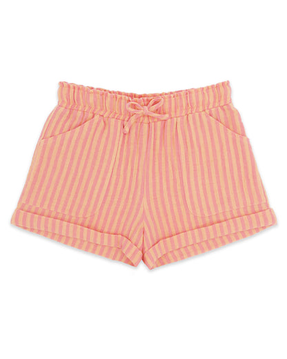 Feather 4 Arrow Girls’ Salty Short in pink and yellow stripes features an elastic waist with drawstring tie, side pockets, and rolled cuffs, shown laid flat on a white background for an effortlessly casual style.