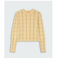 Shrunken Checker Crew by Guest in Residence: beige women’s cashmere sweater with long sleeves and brown grid pattern, shown flat on a light gray background.