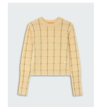 Shrunken Checker Crew by Guest in Residence: beige women’s cashmere sweater with long sleeves and brown grid pattern, shown flat on a light gray background.