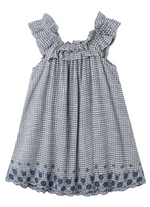 The Girls' Lennon Dress by Rylee & Cru features a sleeveless mini silhouette with blue and white gingham, ruffled neckline and shoulders, plus delicate scallop eyelet embroidery on the hem.