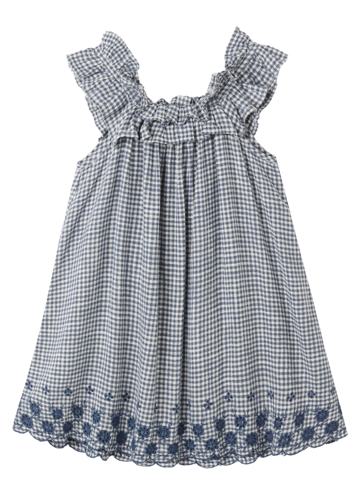 The Girls' Lennon Dress by Rylee & Cru features a sleeveless mini silhouette with blue and white gingham, ruffled neckline and shoulders, plus delicate scallop eyelet embroidery on the hem.