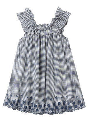 The Girls' Lennon Dress by Rylee & Cru features a sleeveless mini silhouette with blue and white gingham, ruffled neckline and shoulders, plus delicate scallop eyelet embroidery on the hem.