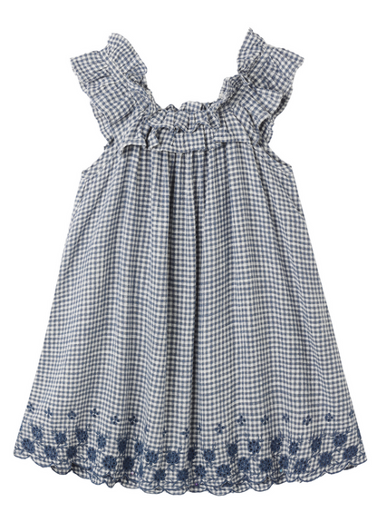 The Girls' Lennon Dress by Rylee & Cru features a sleeveless mini silhouette with blue and white gingham, ruffled neckline and shoulders, plus delicate scallop eyelet embroidery on the hem.