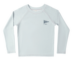 The Rylee & Cru Baby Boys' and Boys' Long Sleeve Rashguard is light gray with a small navy striped pennant and "R.C." on the left chest. It offers UPF 50+ protection, ideal for beach play, and is shown on a plain white background.