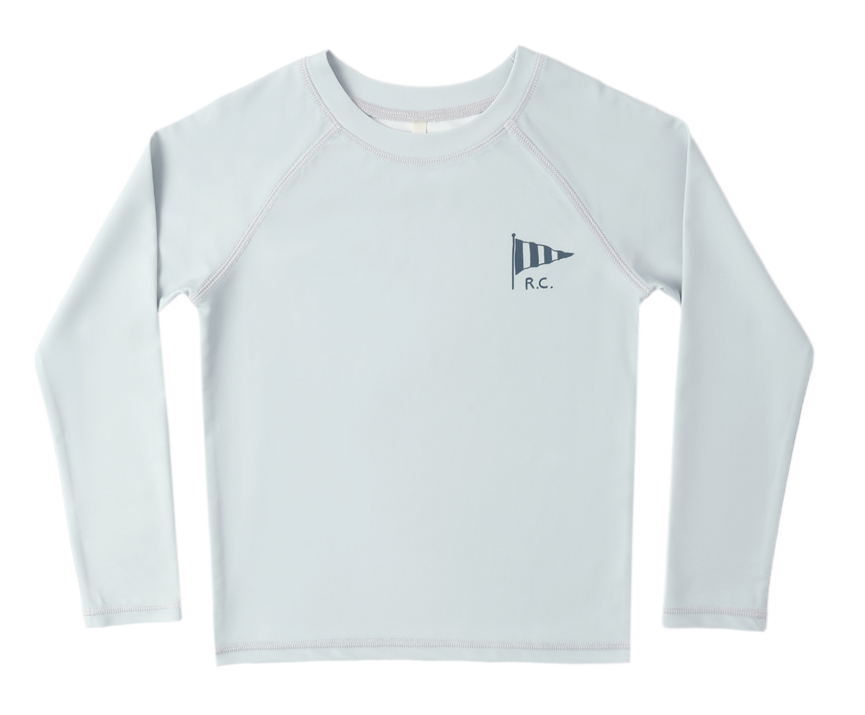 The Rylee & Cru Baby Boys' and Boys' Long Sleeve Rashguard is light gray with a small navy striped pennant and "R.C." on the left chest. It offers UPF 50+ protection, ideal for beach play, and is shown on a plain white background.