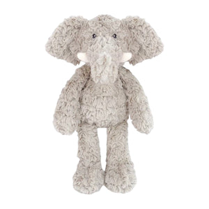 Edgar Elephant by Mon Ami is a plush gray elephant toy featuring large ears, a trunk, white tusks, and textured fur, standing upright against a white background.