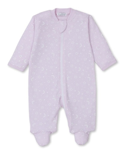 Enjoy the Kissy Kissy Baby Crescent Moonlight Zip Footie for girls, made from soft Pima cotton with a charming moon and stars pattern and practical front zipper.