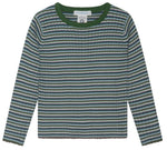 Serendipity Kids’ Rib Knit Blouse: A long-sleeve, ribbed-knit top made from GOTS-certified organic cotton, featuring horizontal green, blue, and white stripes with a solid green crew neckline.