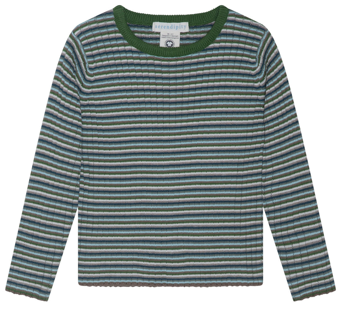 Serendipity Kids’ Rib Knit Blouse: A long-sleeve, ribbed-knit top made from GOTS-certified organic cotton, featuring horizontal green, blue, and white stripes with a solid green crew neckline.