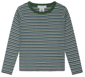 Serendipity Kids’ Rib Knit Blouse: A long-sleeve, ribbed-knit top made from GOTS-certified organic cotton, featuring horizontal green, blue, and white stripes with a solid green crew neckline.