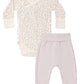 Quincy Mae Baby Side Snap Bodysuit + Pant Set featuring a long-sleeve floral side-snap bodysuit and solid light purple footed pants.