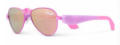 The Girls’ Hampton Beach Sunglasses by Bling2O feature a pink aviator-style frame with mirrored UV-protected lenses, textured purple arms, and a charming bow detail on the front—ideal for sunny days at the beach.