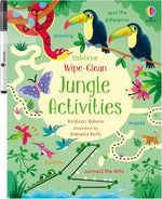 The "Wipe-Clean Jungle Activities" book from Harper Collins features a colorful cover with jungle animals, counting games, puzzles, mazes, and drawing prompts to help children build pen control skills.