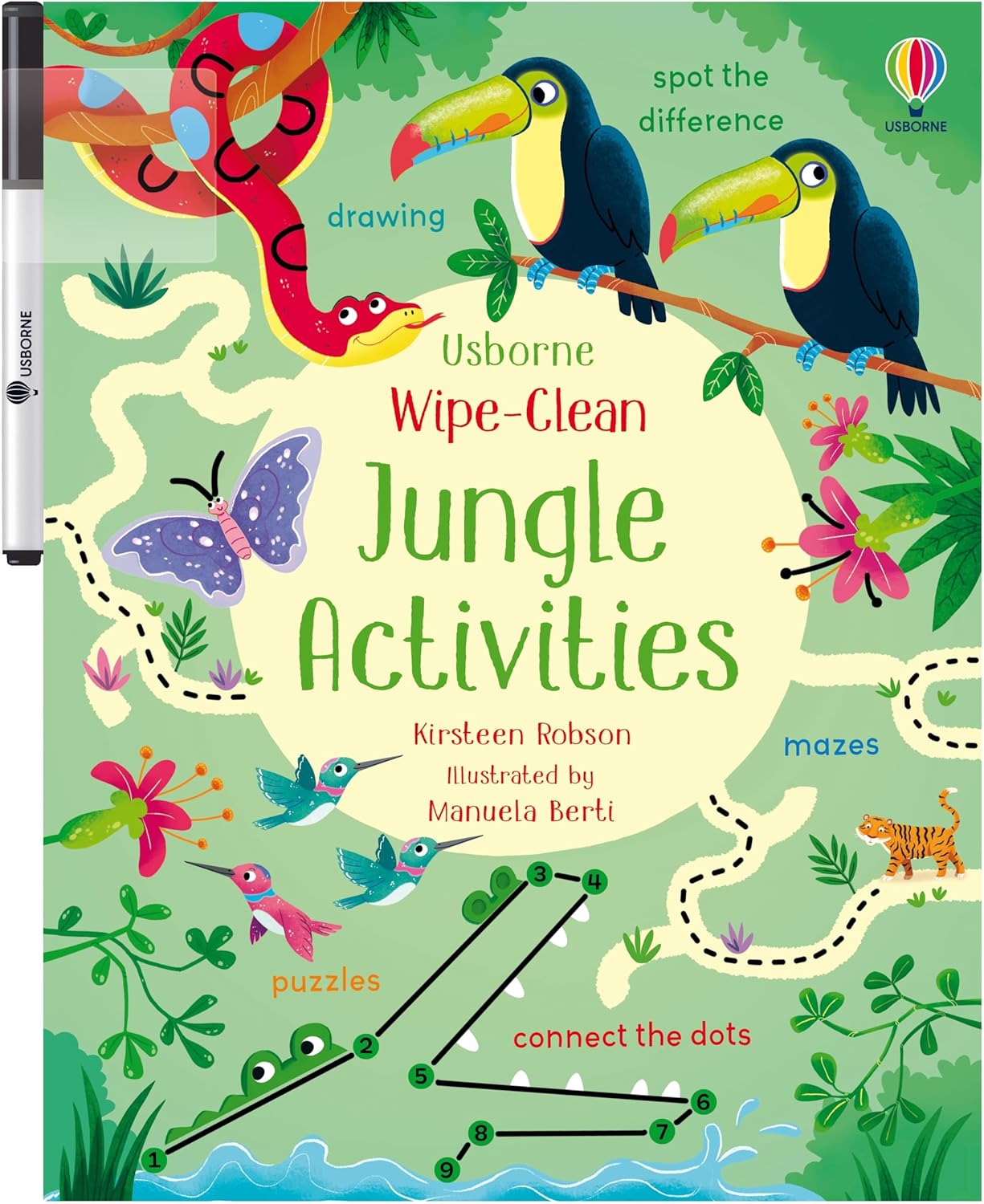 The "Wipe-Clean Jungle Activities" book from Harper Collins features a colorful cover with jungle animals, counting games, puzzles, mazes, and drawing prompts to help children build pen control skills.