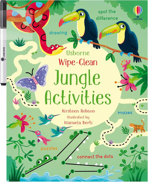 The "Wipe-Clean Jungle Activities" book from Harper Collins features a colorful cover with jungle animals, counting games, puzzles, mazes, and drawing prompts to help children build pen control skills.