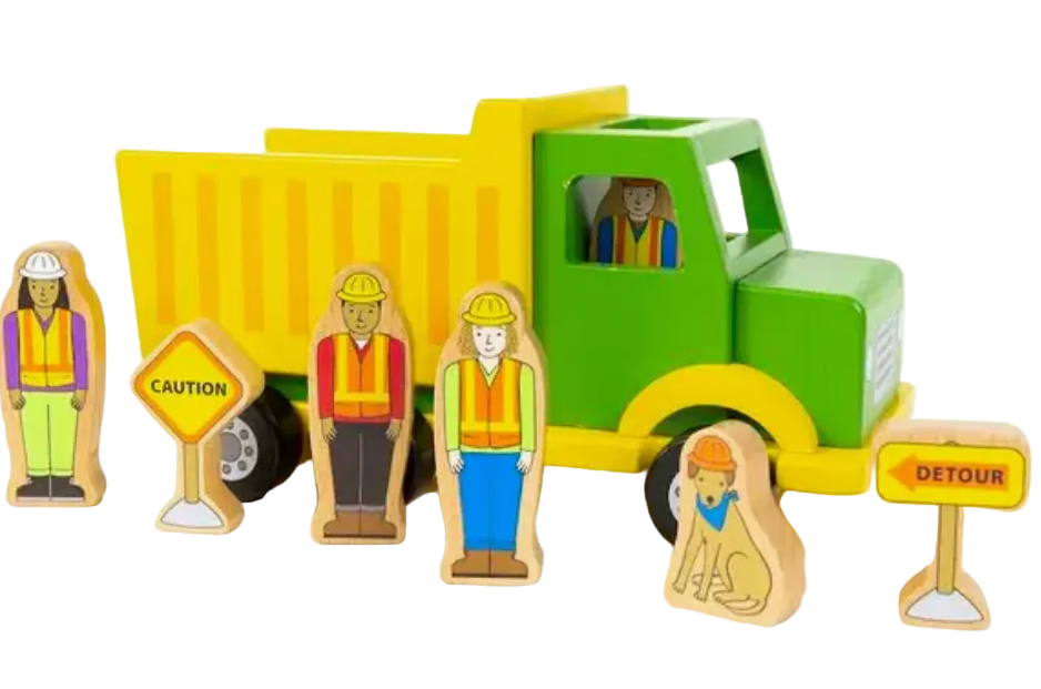 The Magnetic Truck by Jack Rabbit Creations is a green and yellow toy dump truck that includes four wooden construction worker figures, a dog with a hard hat, and two cautionary road signs. It’s part of their delightful collection of magnetic vehicles and wooden toys.