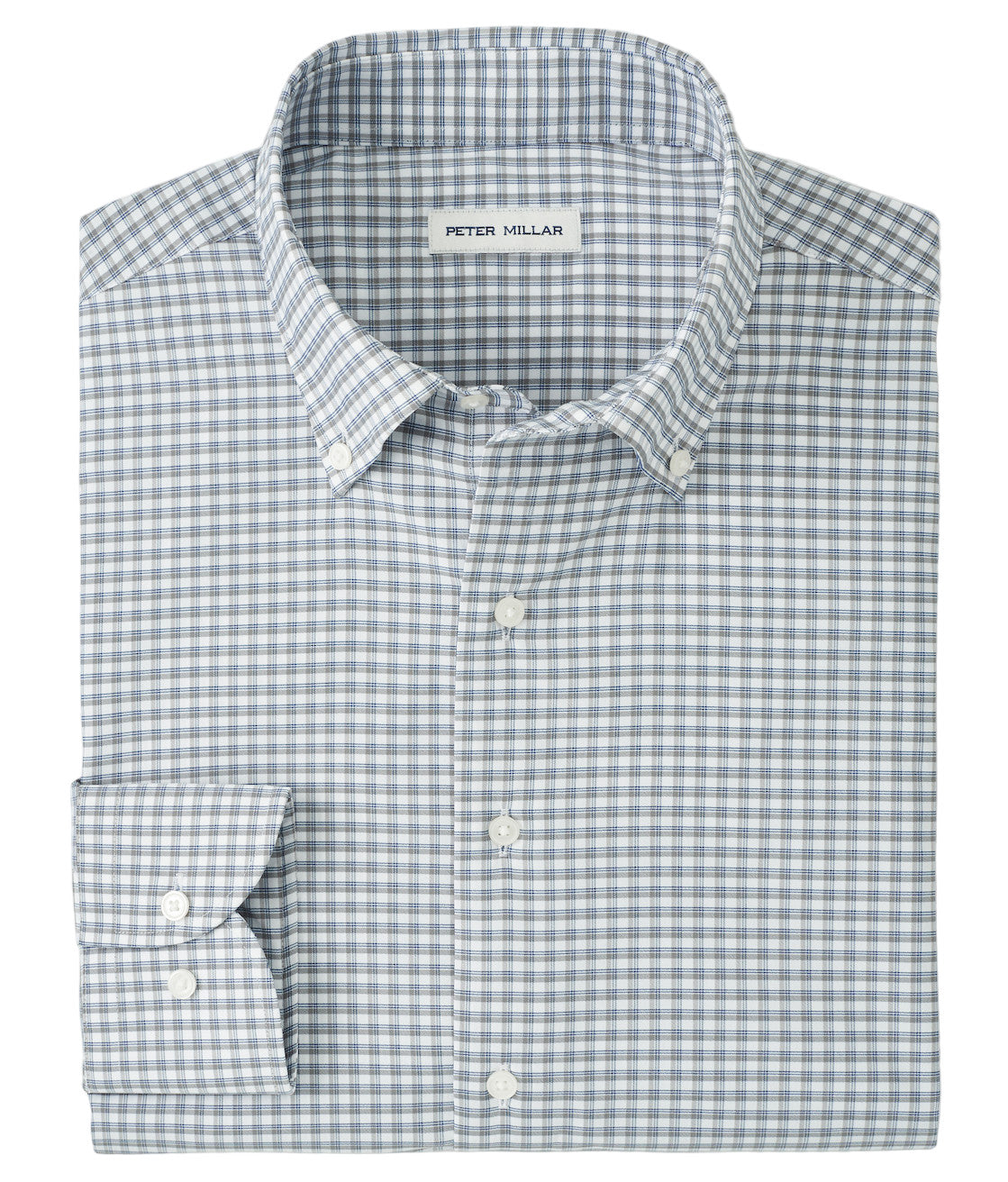 The Cashiers Performance Twill Sport Shirt by Peter Millar features a blue and white check pattern, long sleeves, button-down style, and delivers classic comfort.