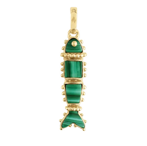 Anabel Aram Milos Stone Fish Charm, a gold fish-shaped pendant featuring striped green stone inlays and beaded edges.
