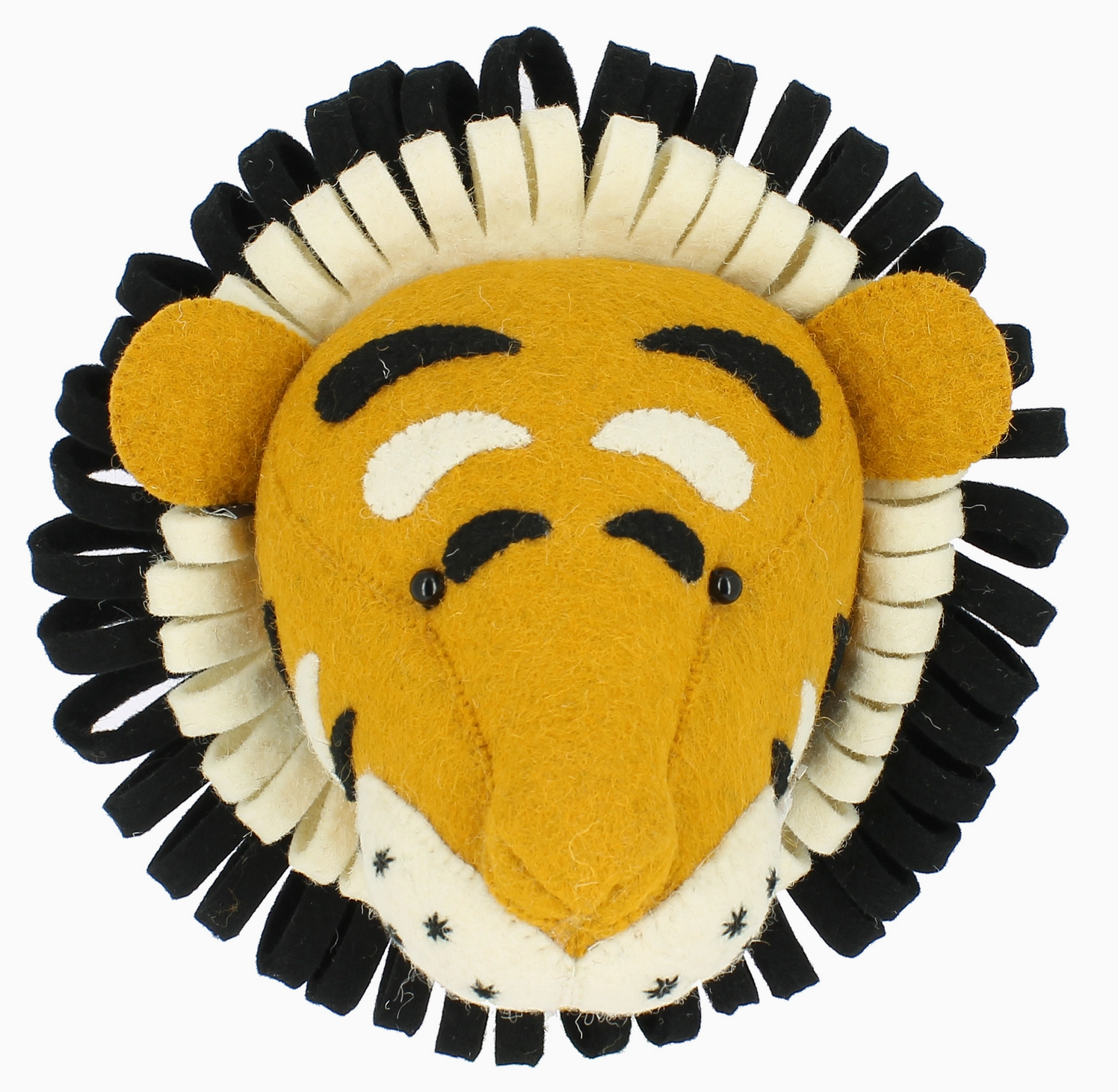 A felt tiger head wall decoration with distinct black and white accents, ideal for adding a safari-themed touch to any room, is showcased on a simple background.