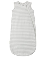 A sleeveless, grey-and-white striped Jersey Sleep Bag crafted from soft organic brushed cotton, featuring a convenient double zip opening with a diagonal zipper running from the neck to the side.