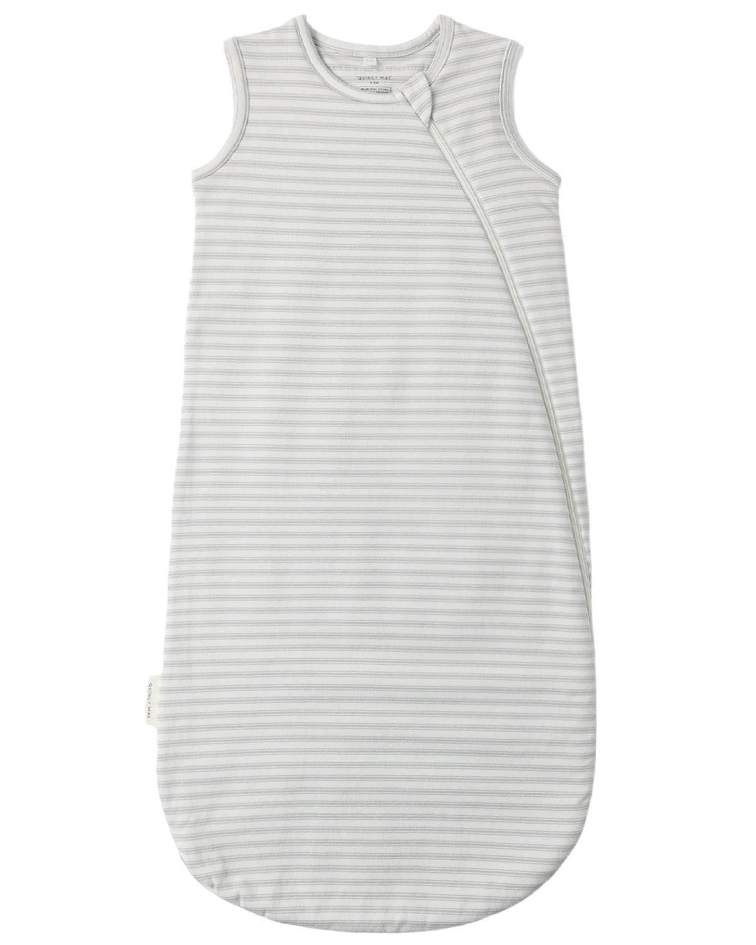 A sleeveless, grey-and-white striped Jersey Sleep Bag crafted from soft organic brushed cotton, featuring a convenient double zip opening with a diagonal zipper running from the neck to the side.