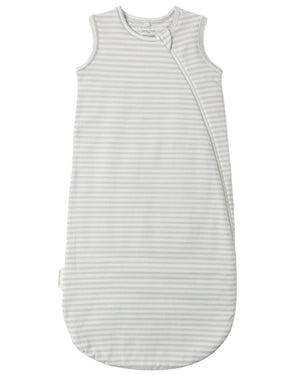 A sleeveless, grey-and-white striped Jersey Sleep Bag crafted from soft organic brushed cotton, featuring a convenient double zip opening with a diagonal zipper running from the neck to the side.