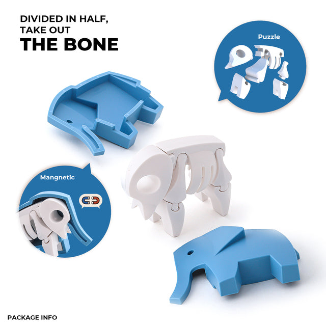 Image of a magnetic, Halftoys Safari Friends elephant that splits into halves and includes a removable bone, shown disassembled and assembled, with labels describing the parts.