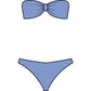 Illustration of the Hunza G Jean Bikini, featuring a blue crinkle fabric bandeau top with a bow detail and matching bikini bottoms, displayed on a white background.