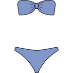 Illustration of the Hunza G Jean Bikini, featuring a blue crinkle fabric bandeau top with a bow detail and matching bikini bottoms, displayed on a white background.