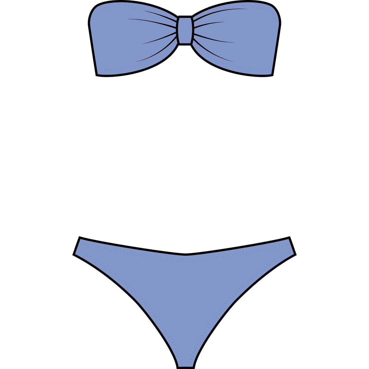 Illustration of the Hunza G Jean Bikini, featuring a blue crinkle fabric bandeau top with a bow detail and matching bikini bottoms, displayed on a white background.
