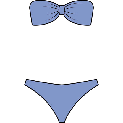 Illustration of the Hunza G Jean Bikini, featuring a blue crinkle fabric bandeau top with a bow detail and matching bikini bottoms, displayed on a white background.