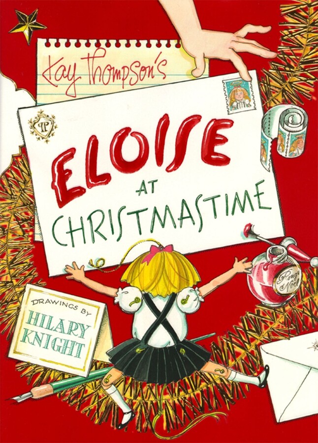 The Eloise at Christmastime book cover by Simon & Schuster features a girl in a black dress reaching for an envelope amid festive holiday décor—a charming Christmas classic.
