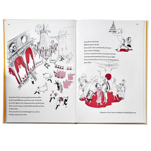 A book open to an illustrated page depicting people in a grand, red-decorated hall reminiscent of the Plaza Hotel features text on the opposite page mentioning Eloise, along with a charming poem. This scene is part of "Eloise," a leather-bound edition by Graphic Image.
