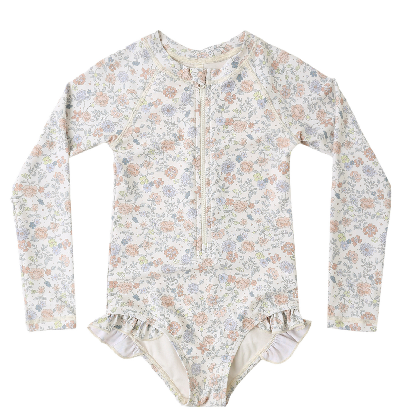 The Rylee & Cru Baby Girls' and Girls' Rashguard One-Piece features long sleeves, a pastel floral print, front zipper, and hip ruffles, shown laid flat on a white background.