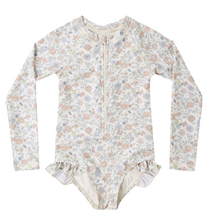 The Rylee & Cru Baby Girls' and Girls' Rashguard One-Piece features long sleeves, a pastel floral print, front zipper, and hip ruffles, shown laid flat on a white background.