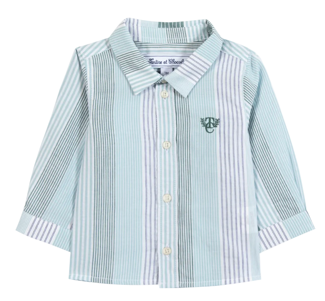 The Tartine et Chocolat Baby Boys’ and Toddler Badge Shirt features light blue and white stripes in a classic collared button-up design, crafted from soft cotton for all-day comfort. This long-sleeve shirt is finished with a small embroidered logo on the left chest, making it perfect for casual looks.