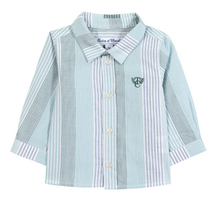 The Tartine et Chocolat Baby Boys’ and Toddler Badge Shirt features light blue and white stripes in a classic collared button-up design, crafted from soft cotton for all-day comfort. This long-sleeve shirt is finished with a small embroidered logo on the left chest, making it perfect for casual looks.