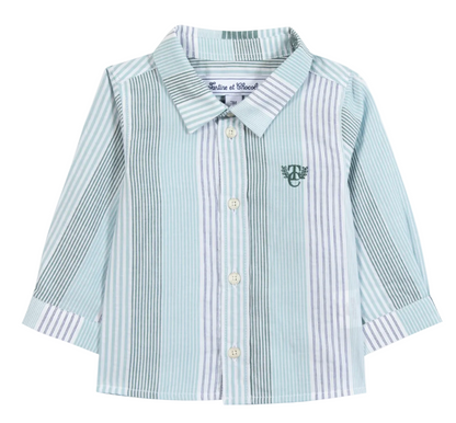 The Tartine et Chocolat Baby Boys’ and Toddler Badge Shirt features light blue and white stripes in a classic collared button-up design, crafted from soft cotton for all-day comfort. This long-sleeve shirt is finished with a small embroidered logo on the left chest, making it perfect for casual looks.