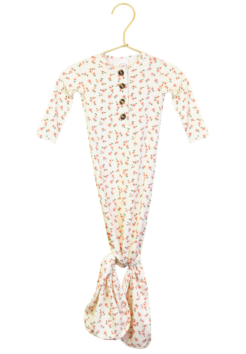 The Lou Lou & Company Baby Girls’ Lottie Knotted Gown, displayed on a hanger, is a white baby gown with a small red floral pattern. It features long sleeves, a button-down front for easy dressing, and a knotted tie-bottom design that simplifies diaper changes.
