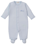 The Kissy Kissy Baby Premier Elephant Esprit Footie with Hand Emb. is a light blue Pima cotton long-sleeve, footed baby outfit featuring a small embroidered elephant on the chest, shown laid flat on a white background.