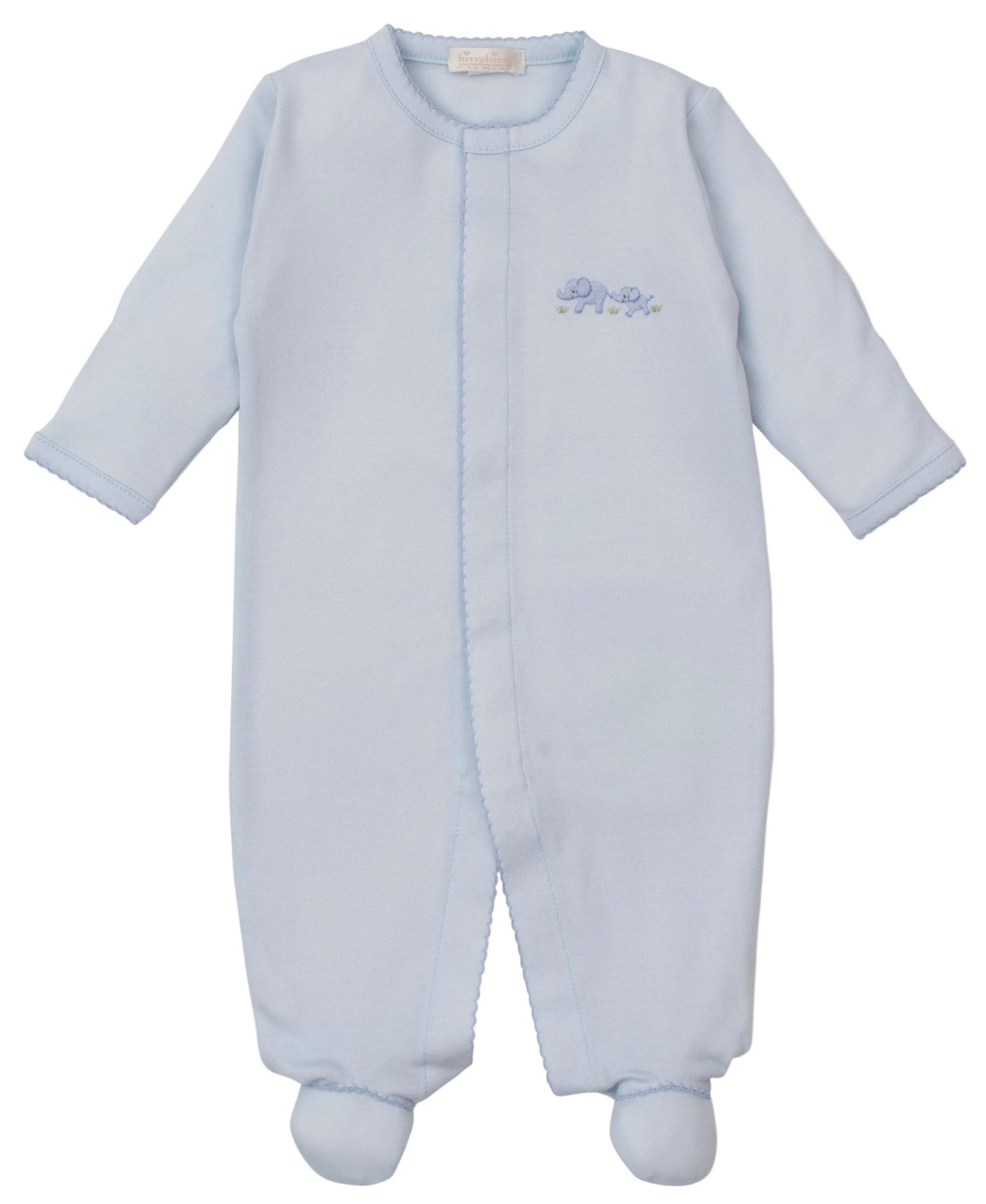 The Kissy Kissy Baby Premier Elephant Esprit Footie with Hand Emb. is a light blue Pima cotton long-sleeve, footed baby outfit featuring a small embroidered elephant on the chest, shown laid flat on a white background.