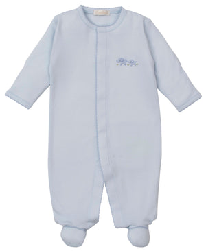 The Kissy Kissy Baby Premier Elephant Esprit Footie with Hand Emb. is a light blue Pima cotton long-sleeve, footed baby outfit featuring a small embroidered elephant on the chest, shown laid flat on a white background.
