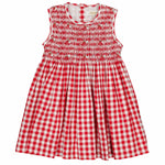 The Kidiwi Baby Girls' and Girls' Emma Smocked Dress is a sleeveless red gingham cotton dress featuring a smocked bodice and flared skirt, shown flat on a white background.