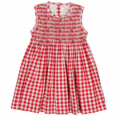 The Kidiwi Baby Girls' and Girls' Emma Smocked Dress is a sleeveless red gingham cotton dress featuring a smocked bodice and flared skirt, shown flat on a white background.