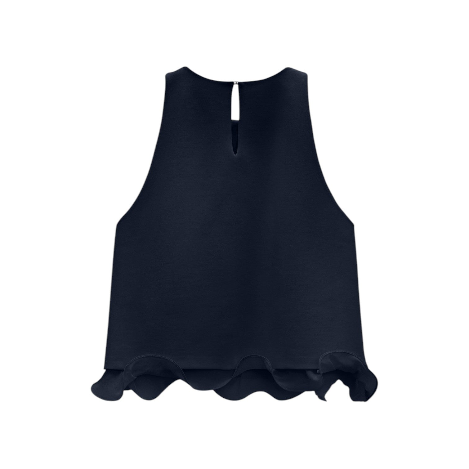 The Dorothee Schumacher Emotional Essence Top is a sleeveless black top with a keyhole back closure and ruffled georgette hem in a subtle A-line style, shown on a white background.