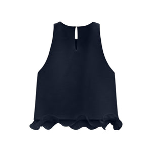 The Dorothee Schumacher Emotional Essence Top is a sleeveless black top with a keyhole back closure and ruffled georgette hem in a subtle A-line style, shown on a white background.