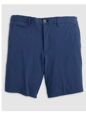 The Johnnie-O Jupiters Short is a pair of blue men’s golf shorts made from performance cotton, featuring a zip fly, button closure, belt loops, and front pockets, elegantly displayed flat on a light background.