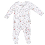 Inspired by the cozy style of Angel Dear, the Baby Girls’ 2-Way Zipper Ruffle Back Zipper Footie features a white long-sleeve design with a woodland animal and floral print, covered feet, and convenient snaps down the front for easy changes—all made from ultra-soft bamboo for your little one’s comfort.