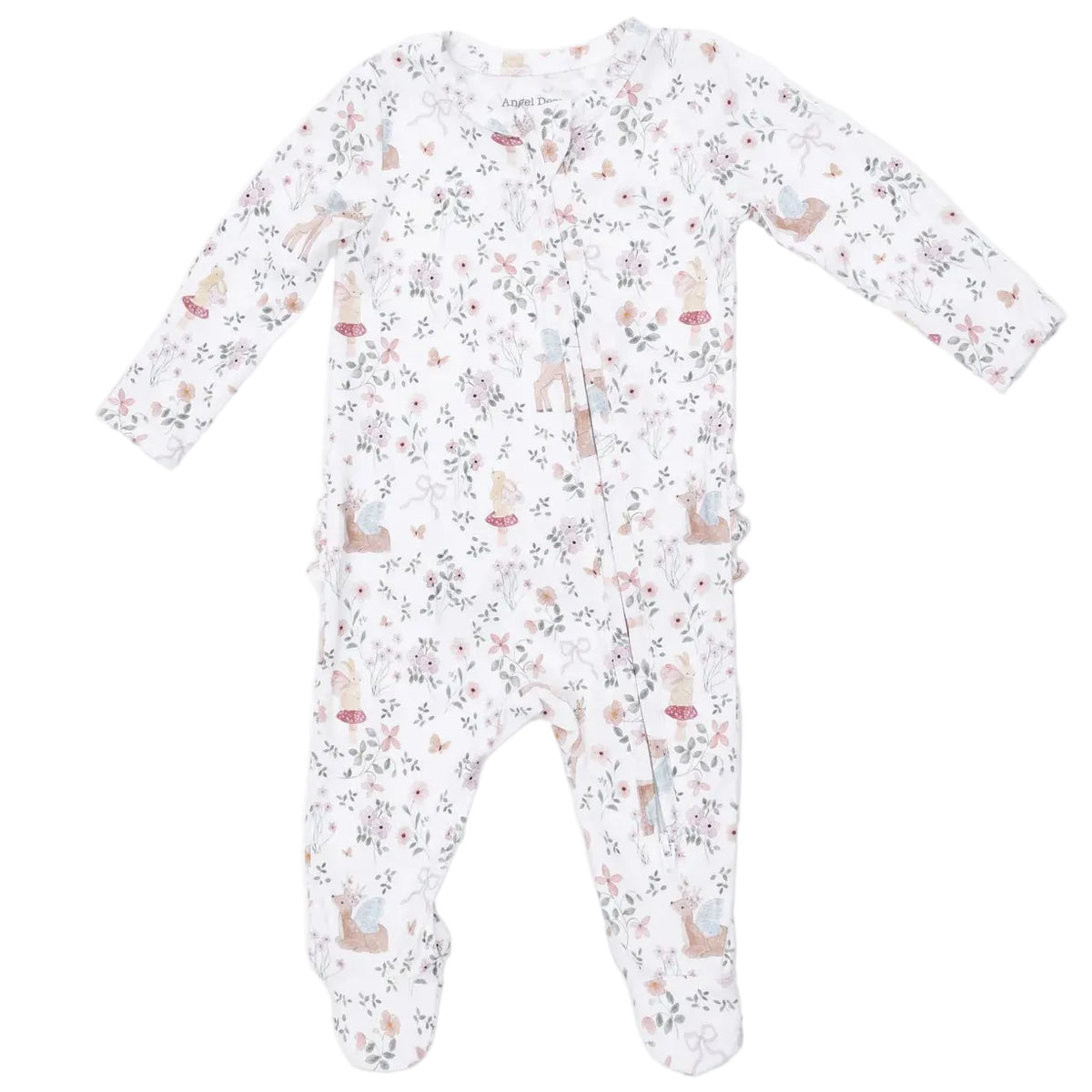 Inspired by the cozy style of Angel Dear, the Baby Girls’ 2-Way Zipper Ruffle Back Zipper Footie features a white long-sleeve design with a woodland animal and floral print, covered feet, and convenient snaps down the front for easy changes—all made from ultra-soft bamboo for your little one’s comfort.